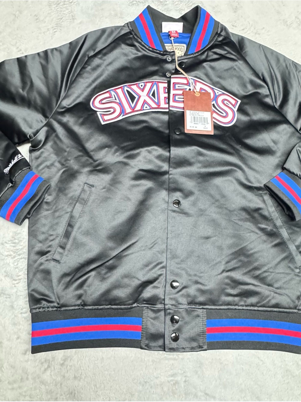 NWT Philadelphia 76ers Mitchell & Ness Satin Jacket Size Medium Black